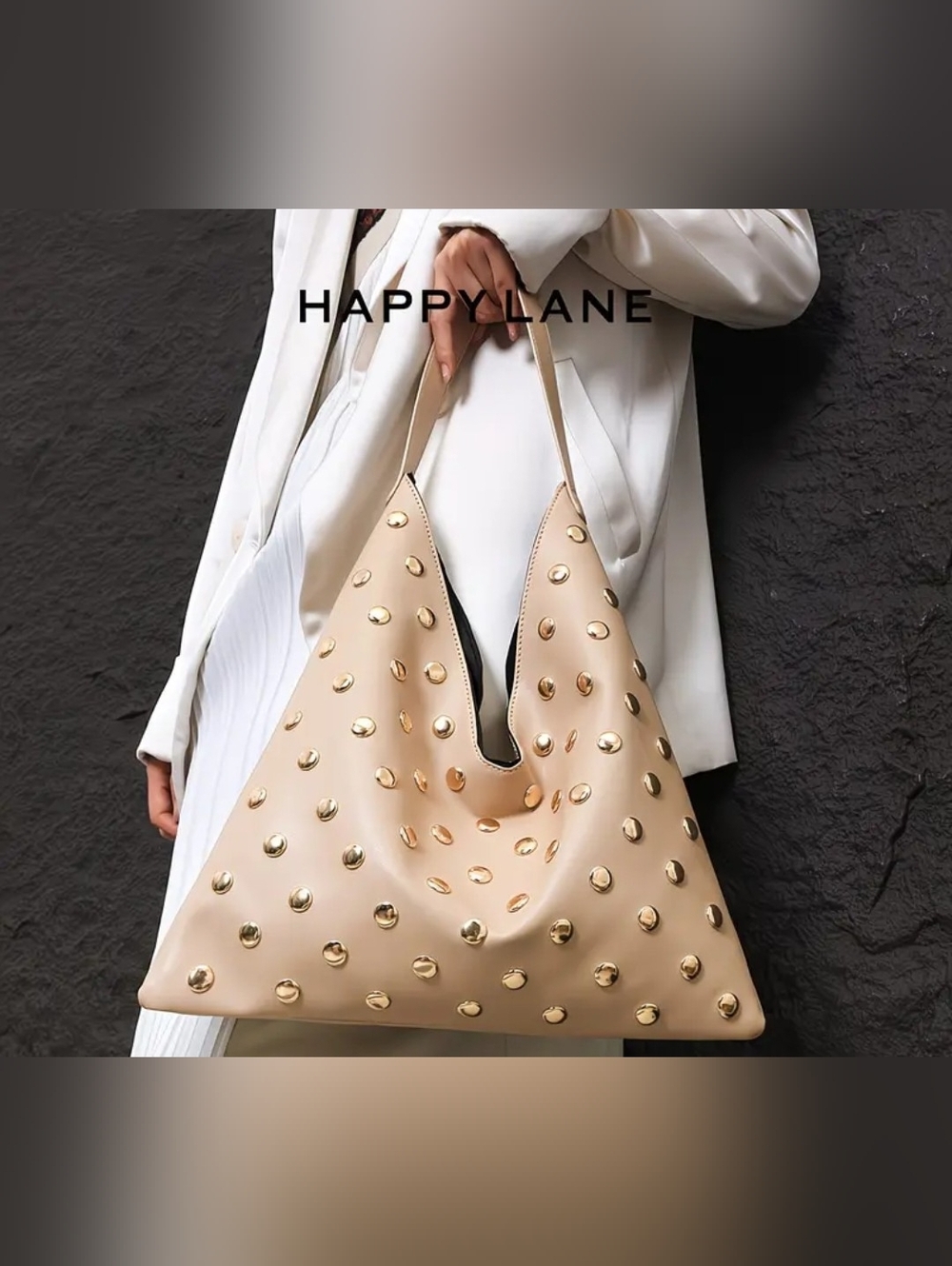 Beige Studded Hobo Bag